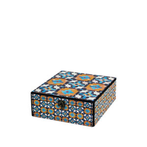 جعبه دکوپاژ(طرح کاشی‌کاری هندسی آبی و اخرایی) کد L94