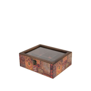 جعبه دکوپاژ درب شیشه‌ای(طرح گلیمِ پچ‌وُرکِ قشقاییِ رنگین) کد X01-106