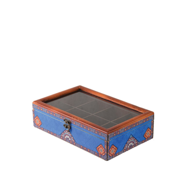 جعبه دکوپاژ درب شیشه‌ای(طرح کاشی موزاییک عثمانی فیروزه‌ای) کد X02-101