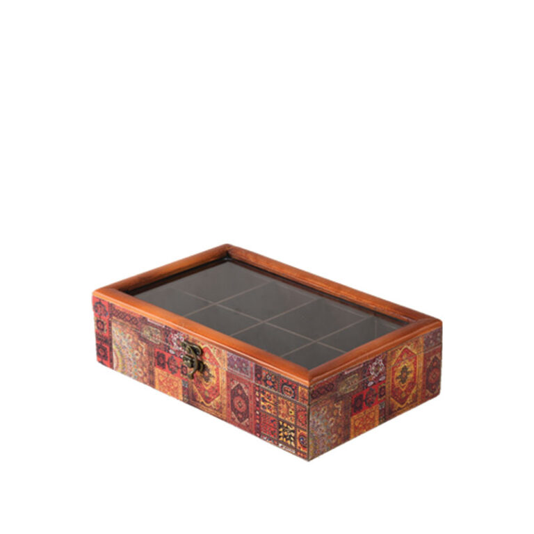 جعبه دکوپاژ درب شیشه‌ای(طرح گلیمِ پچ‌وُرکِ قشقاییِ رنگین) کد X02-106
