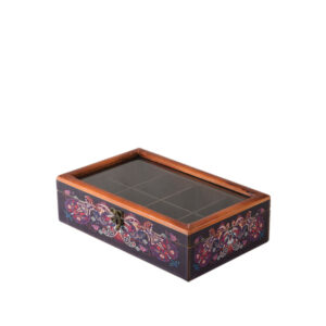 جعبه دکوپاژ درب شیشه‌ای(طرح پته‌دوزی کرمانی سرمه‌ای) کد X02-108