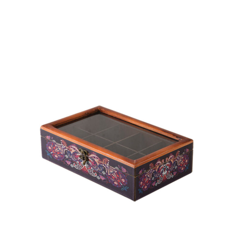 جعبه دکوپاژ درب شیشه‌ای(طرح پته‌دوزی کرمانی سرمه‌ای) کد X02-108